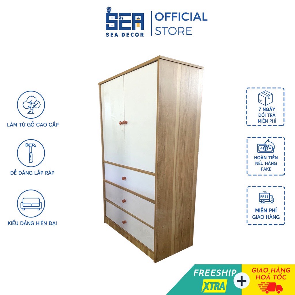 Tủ Đựng Quần Áo, Kệ Treo Đồ 4 Ngăn Kéo 2 Cánh Mở Gỗ MDF