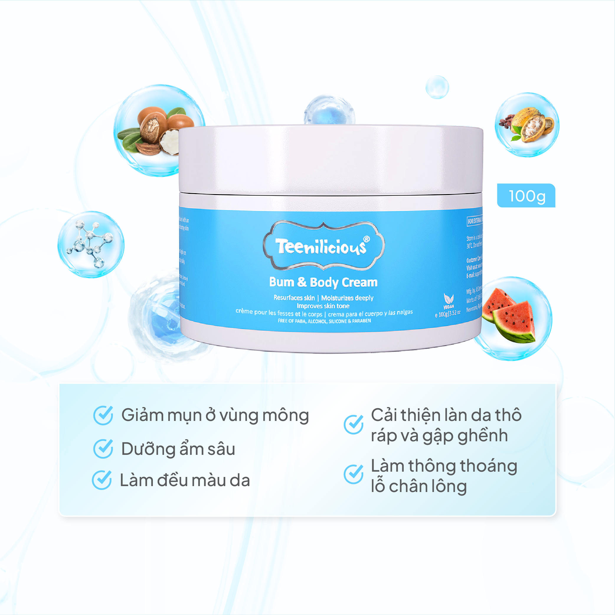 Kem Dưỡng Da Body, Hỗ Trợ Làm Sáng Da Vùng Mông Và Toàn Thân Teenilicious Bum &amp; Body Cream - 100g
