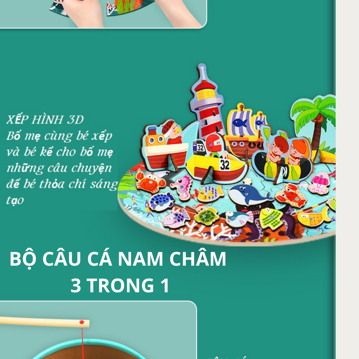 Đồ chơi câu cá gỗ 3 trong 1 hộp tròn xếp hình 24 mảnh 3D câu cá nam châm cho bé từ 3 tuổi