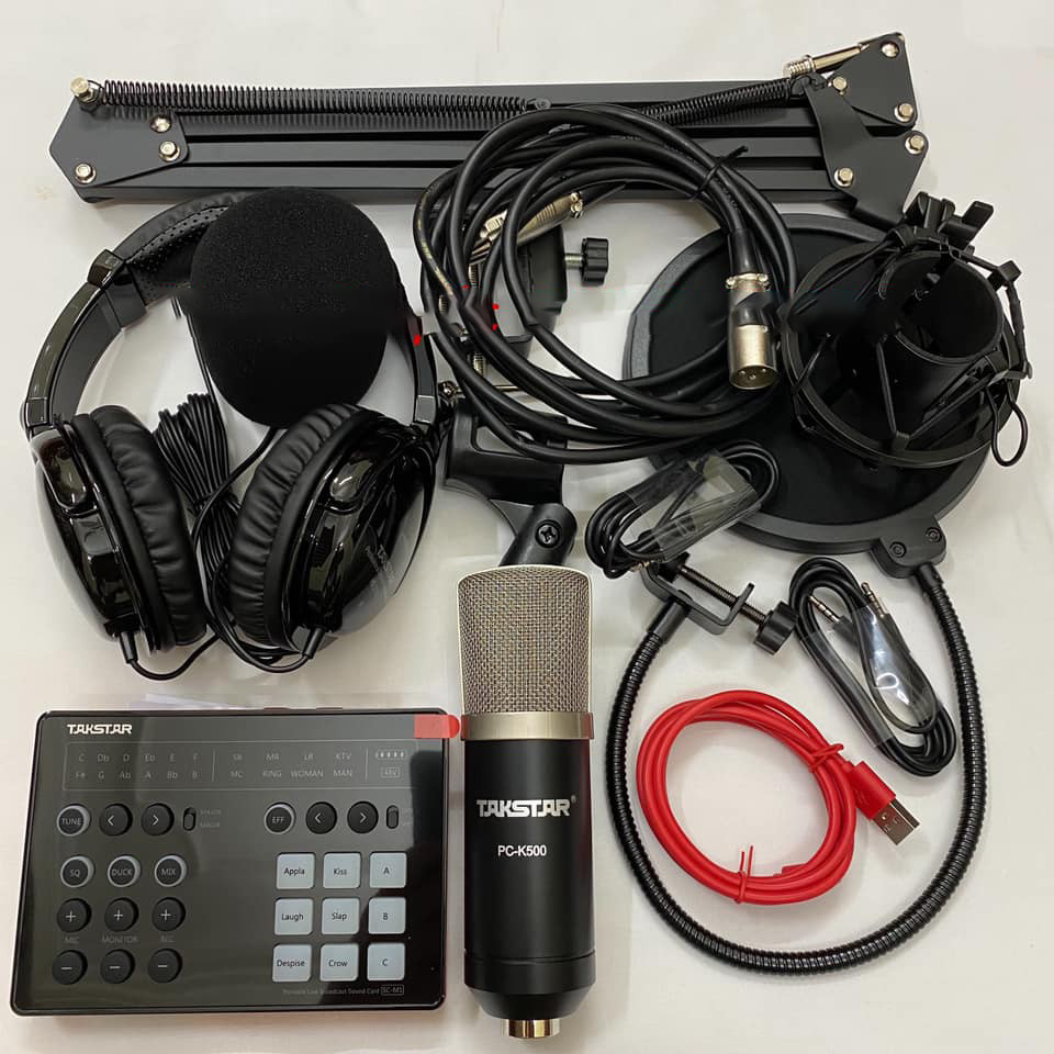 Combo trọn bộ sound card Takstar SC-M1 và Micro Takstar PC-K500 thu âm live stream, karaoke cực hay, kẹp bàn màng lọc, tai nghe kiểm âm- Hàng chính hãng