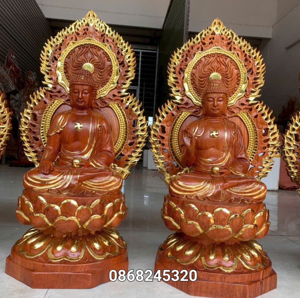 Bộ tượng thất phật được sư bằng gỗ hương đá kt cao 40×20cm +lá chắn hào quang cao tổng 54cm