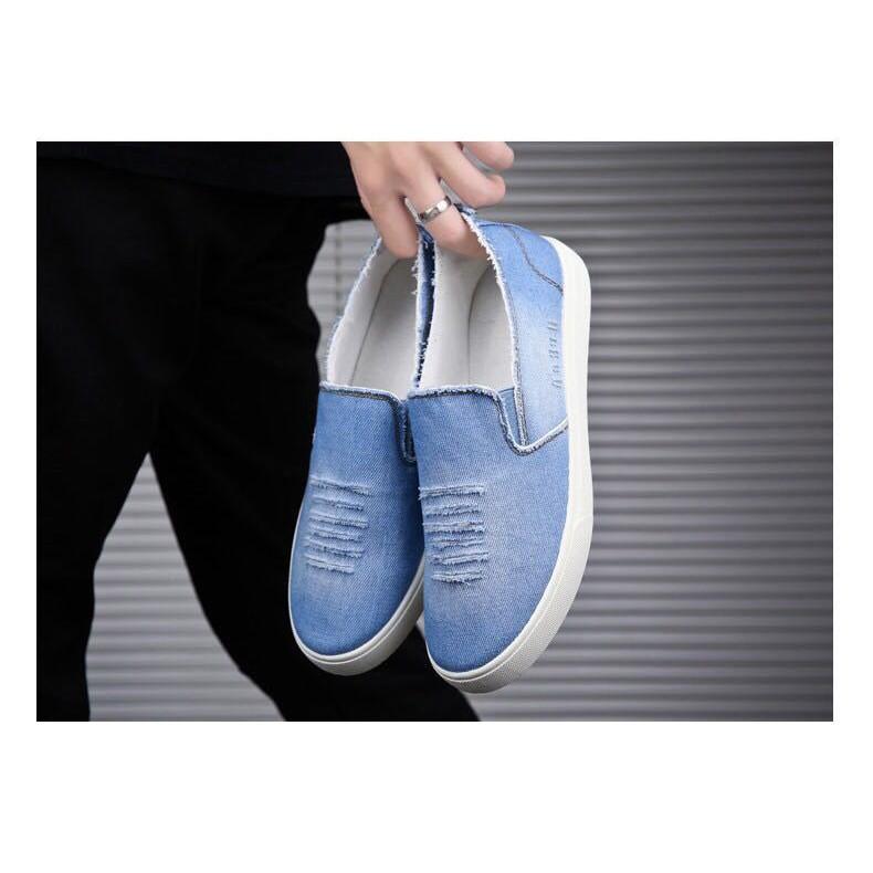 Giày lười vải jeans nam sước màu xanh nhạt phong cách Hàn Quốc Ts061