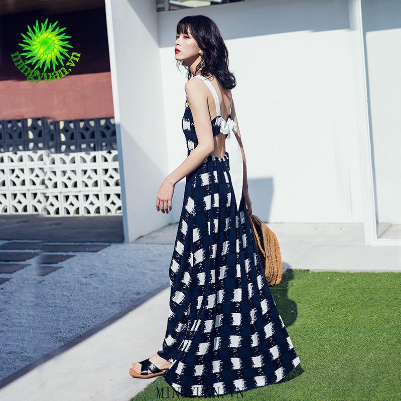 Đầm Dây Nữ Ca Rô Cộc Tay Cổ Tròn Xếp Ly Thời Trang Hàn