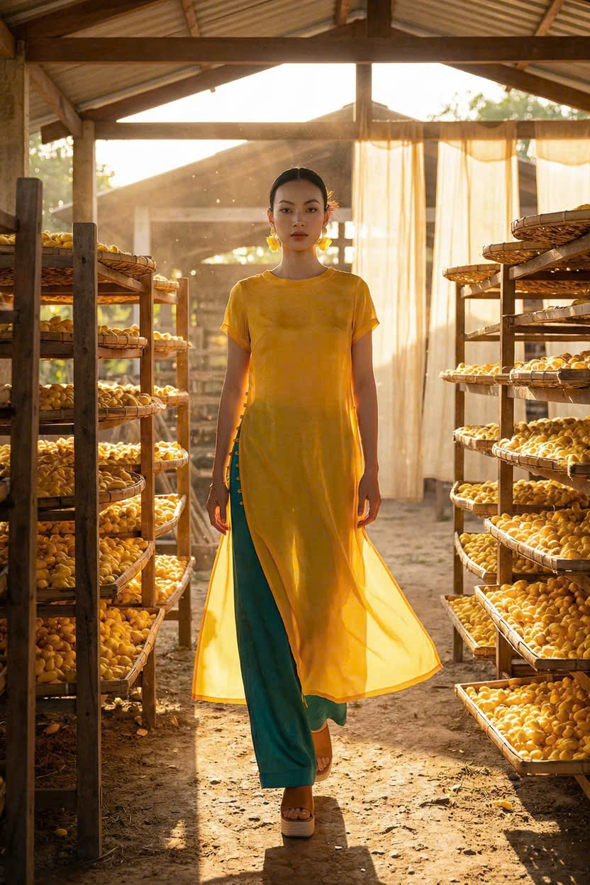 Áo Dài Cách Tân Kiêm Đầm Suông Lụa Vàng Dã Quỳ ADA015 thời trang thiết kế Hity