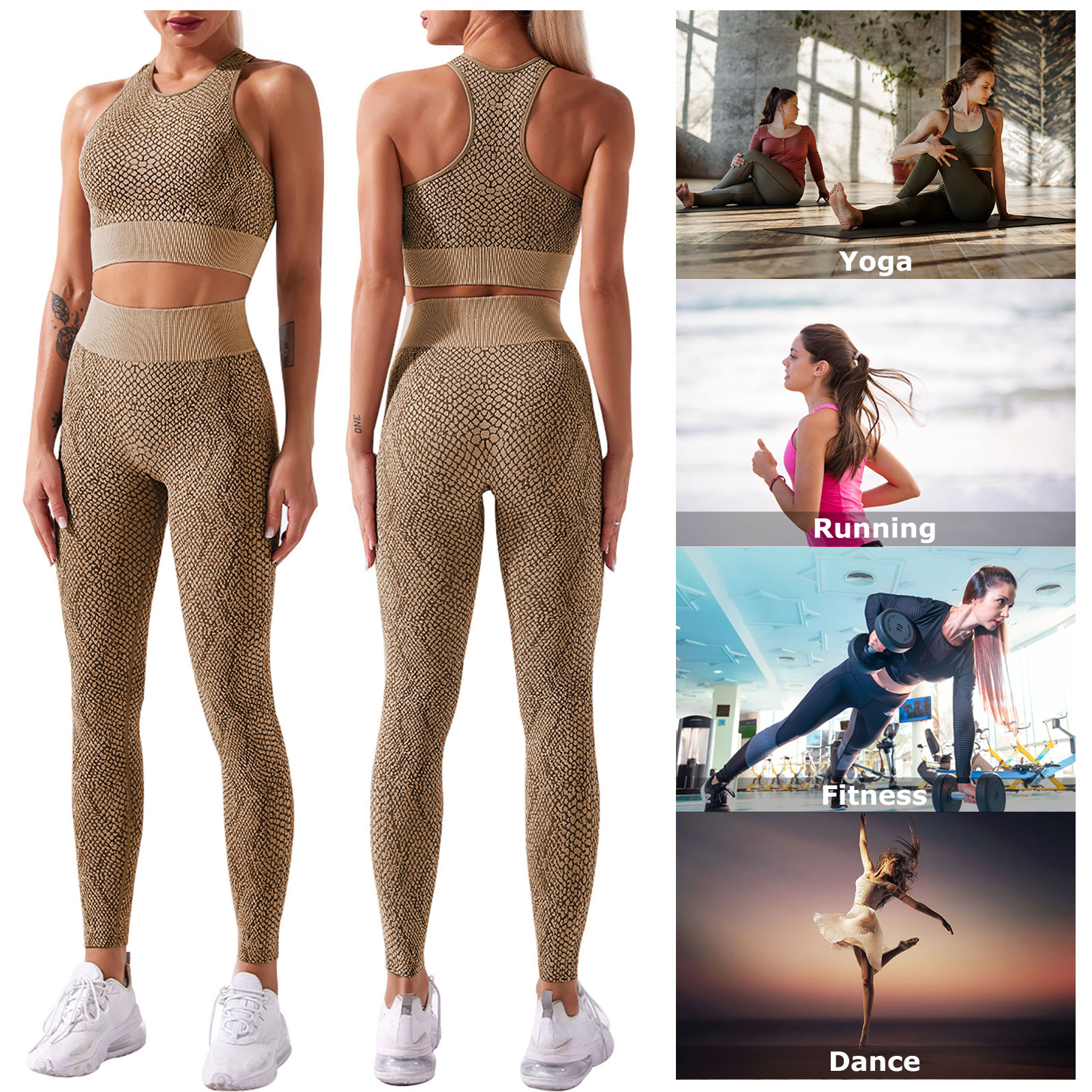 Bộ áo ngực và quần cạp lưng, được làm từ nylon và spandex, co giãn cho các môn thể thao, yoga