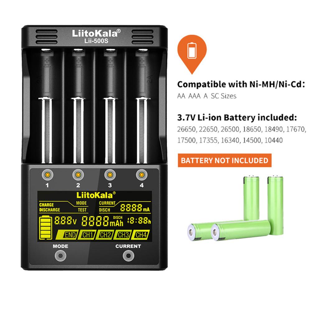 Bộ sạc pin LiitoKala Lii-500S 18650 4 khe Màn hình LCD cảm ứng cho Pin AA AAA Lithium / NiMH 26650