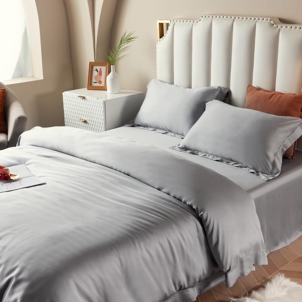 Siêu phẩm bộ chăn ga cao cấp 100%Tencel 100s ROMANTIC, phối viền màu trơn hot trend 2022, chất siêu mát mịn