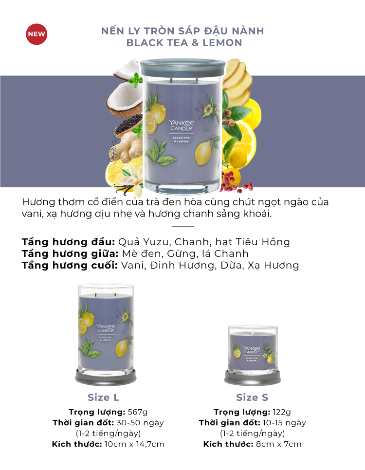 Nến ly tròn sáp đậu nành Yankee Candle size S - Black Tea & Lemon