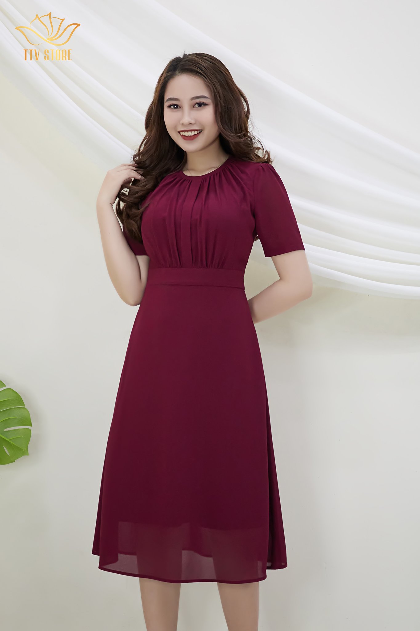Đầm Thiết kế Đầm xòe Đầm thời trang công sở Đầm trung niên thương hiệu TTV383 đỏ mận - đầm from a cổ tròn dập ly CD