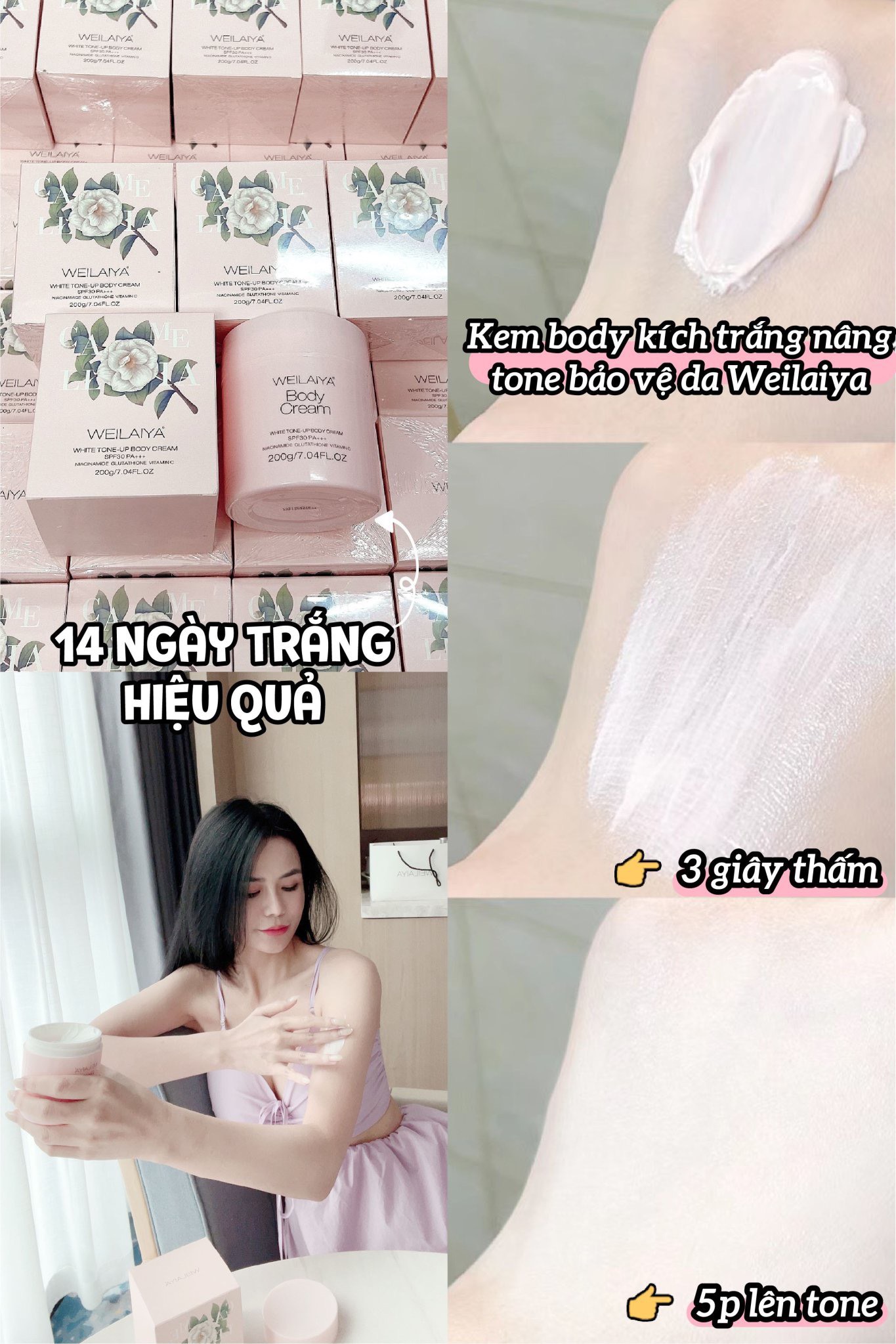 Kem Body WEILAIYA Kích Trắng Nâng Tone Bảo Vệ Da White Tone-Up Body Cream SPF30 PA+++