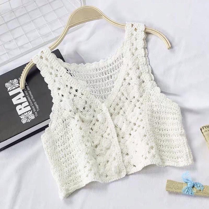 Áo 2 dây sợi móc cài khuy cổ tim dáng ngắn croptop