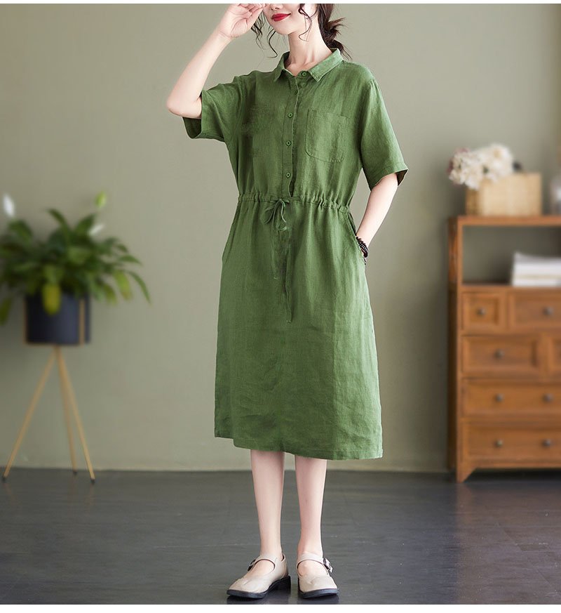 Đầm váy sơ mi nữ ngắn tay, Váy linen midi cổ sơ mi suông trơn có túi hông, thiết kế cơ bản trẻ trung cho nữ Đũi Việt