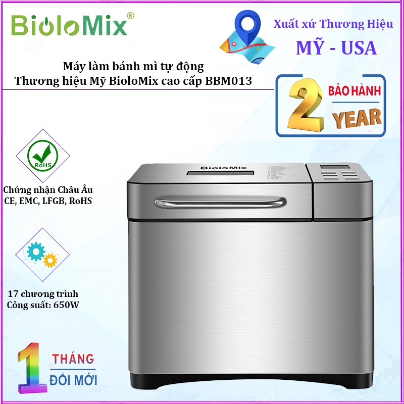 Máy làm bánh mì tự động cao cấp BioloMix BBM013 công suất 650W tích hợp 17 chương trình - Hàng Nhập Khẩu