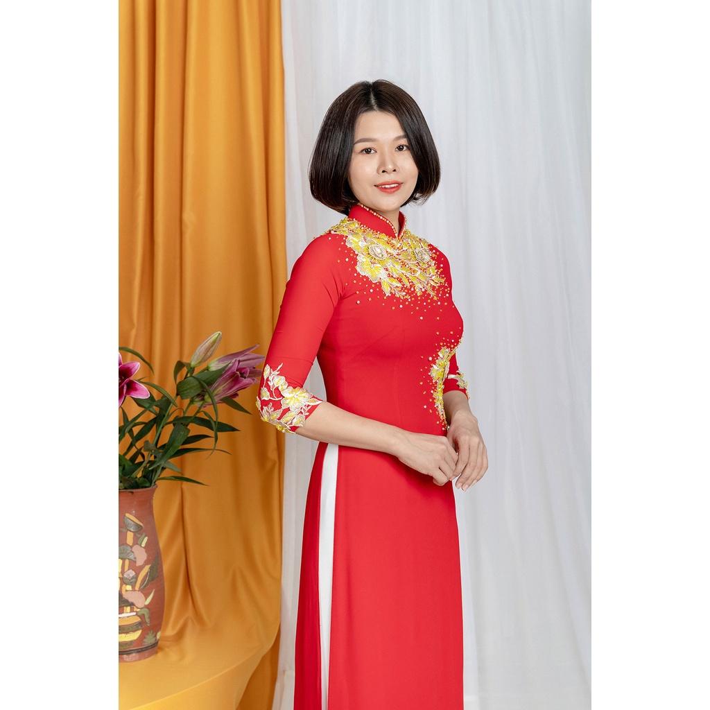Áo dài đẹp màu đỏ chất liệu lụa kết hoa thủ công tay lỡ