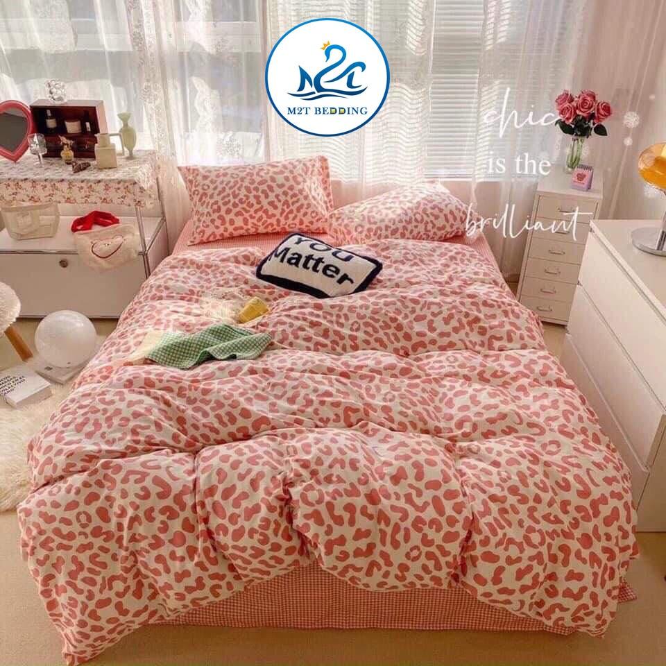 Bộ chăn ga gối cotton poly M2T bedding da bell hồng, vỏ chăn, ga giường và 2 vỏ gối