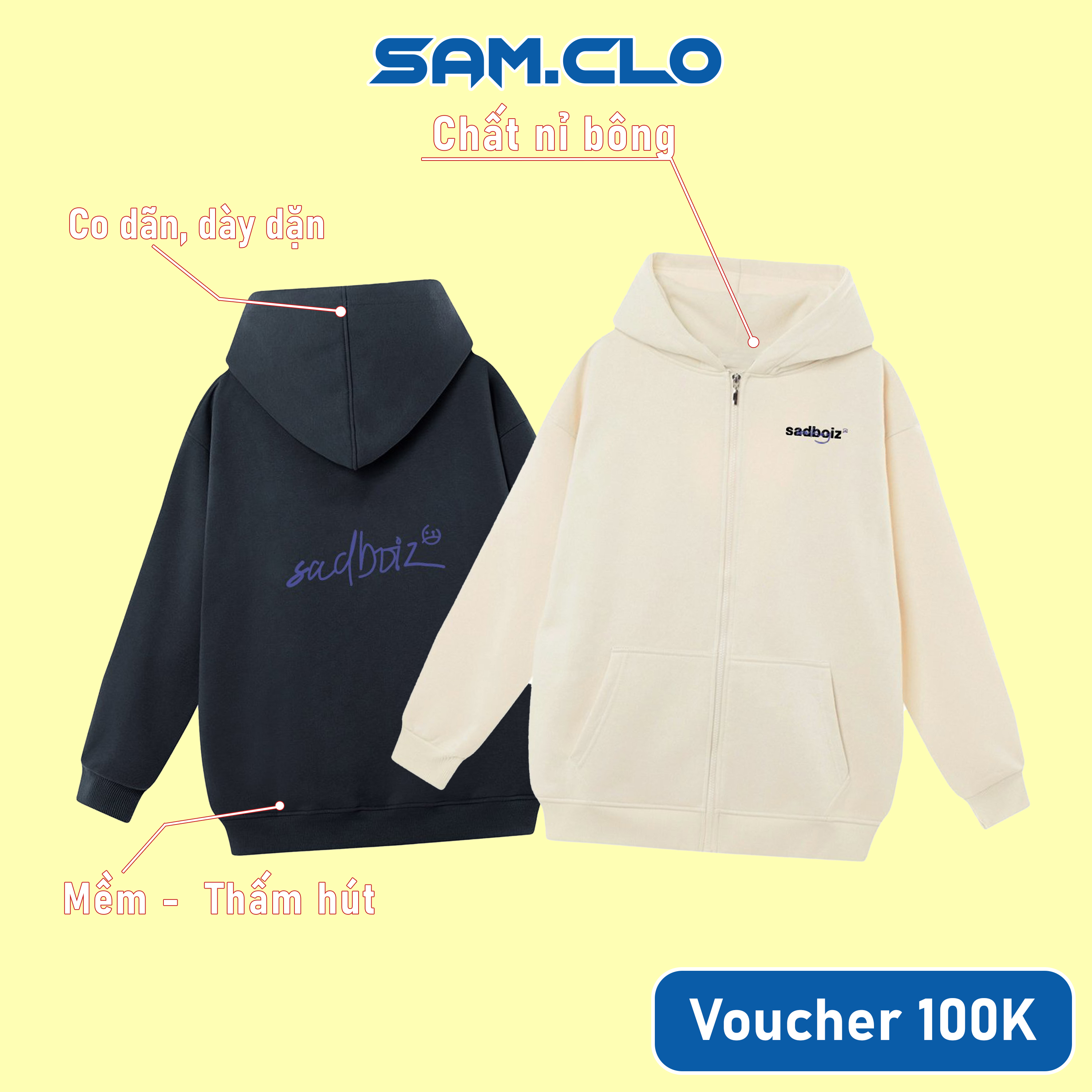 Áo khoác Hoodie Zip nam nữ SAM CLO có mũ form rộng chất nỉ tay dài thu đông ZIP SADBOIZ LOWKEY