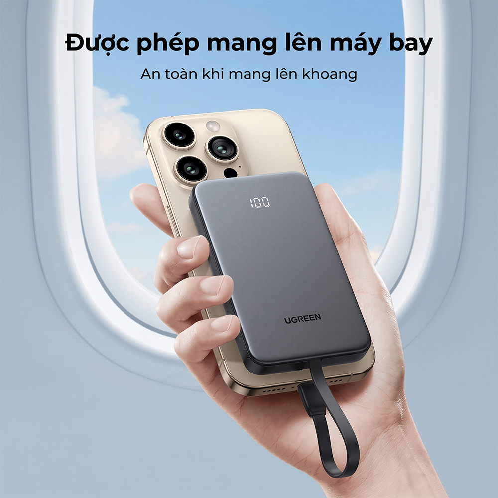 Sạc dự phòng Ugreen Power Bank Built-In Cable 1USB 1Type-C 20W 10000mAh PB526 75161B - Hàng chính hãng