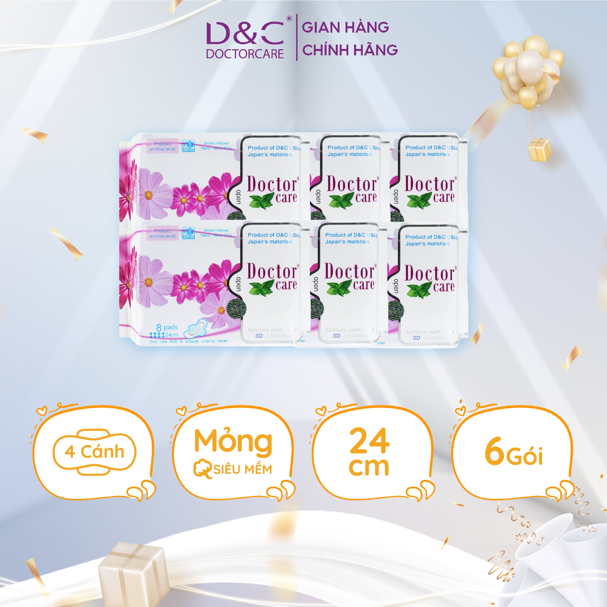 Combo 6 Băng vệ sinh thảo dược Doctor Care, BVS ban ngày 24cm siêu khô thoáng cả ngày dài