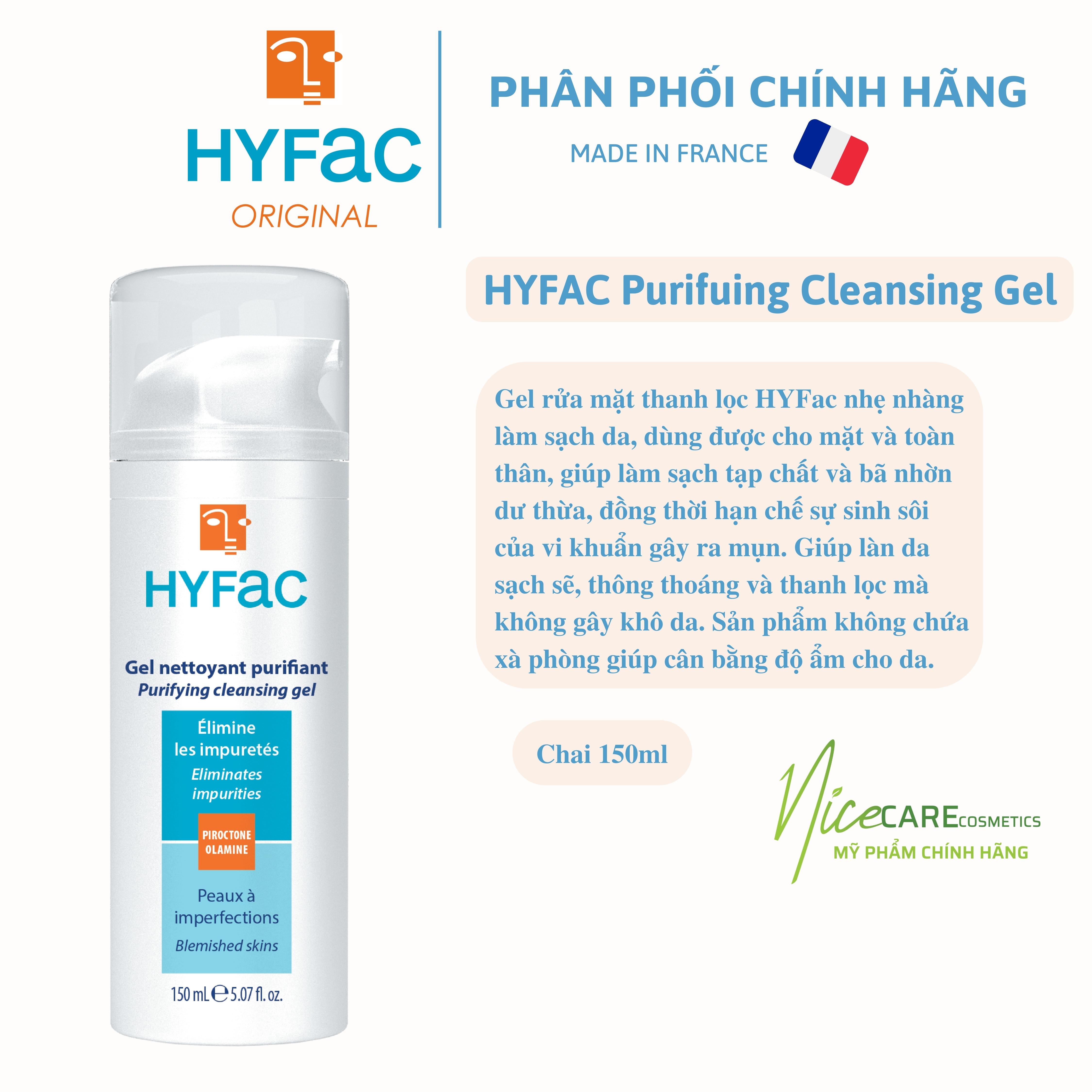 Sữa Rửa Mặt Dưỡng Da, Ngừa Mụn Hyfac Purifying Cleansing Gel 150ml - Sản Xuất Tại Pháp