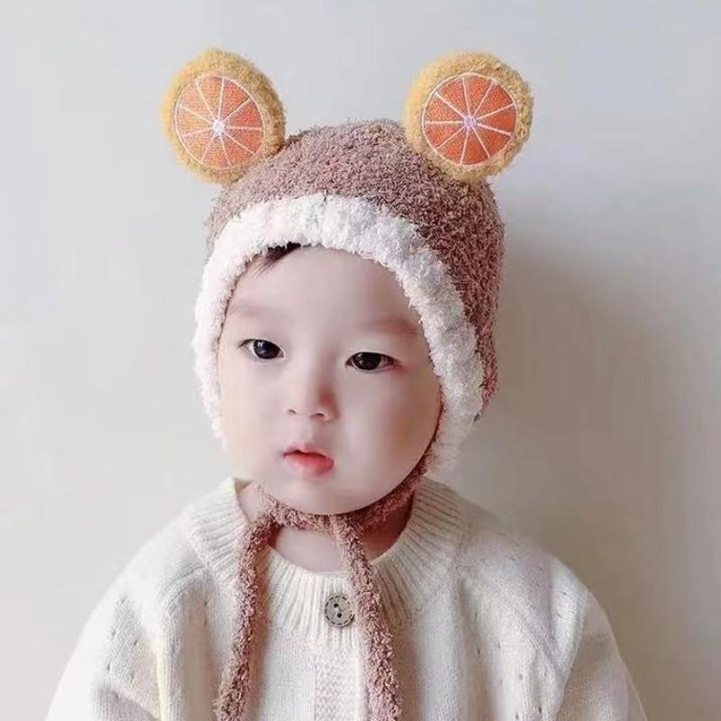 Mũ len, nón len gấu xù MẪU MỚI có dây buộc và tai hình hoa quả cực kỳ kute cho bé