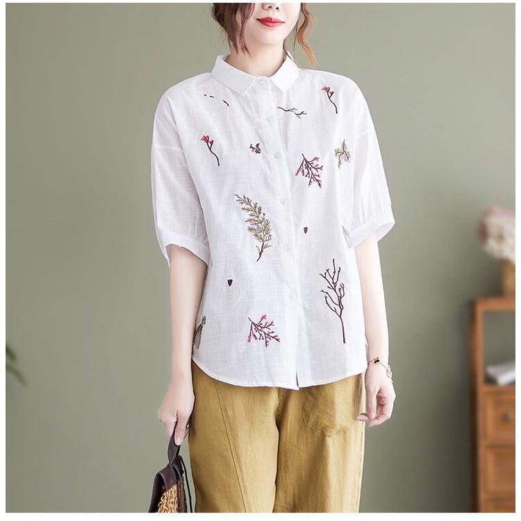 ️Có Big Size️ Áo Sơ Mi Đũi Thêu Hoa Trẻ Trung, Mẫu Áo Kiểu Nữ Thêu Hoa Tay Lỡ Form Rộng Bigsize