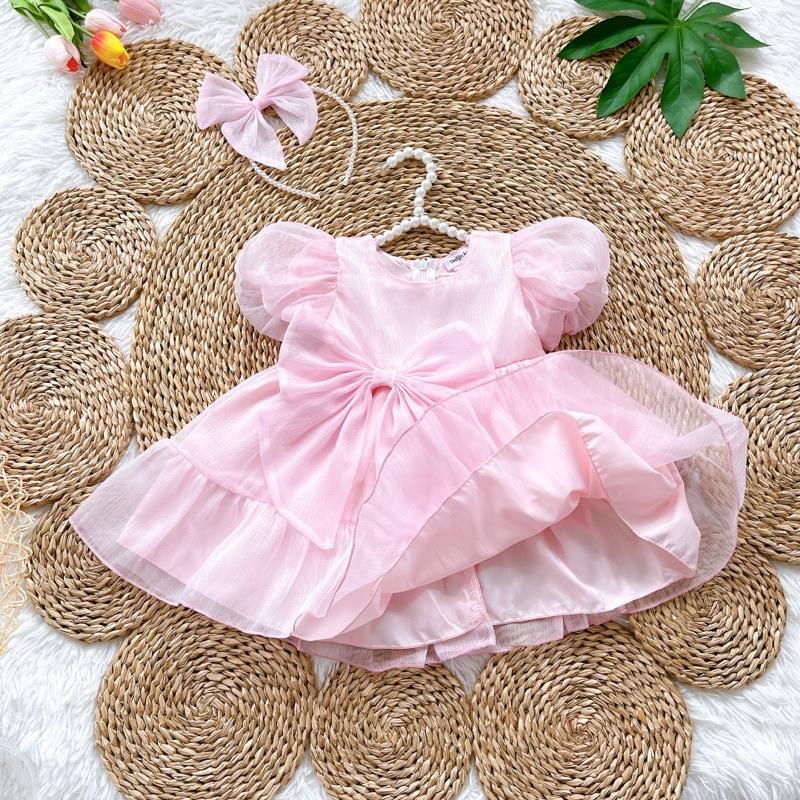 Váy Hồng Phấn Tơ Ánh Nhũ Phối Nơ Bản To Cho Công Chúa