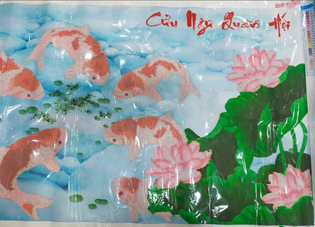 Tranh đính đá cửu ngư quần hội - cá chép hoa sen - 157cm x 68 cm - tự đính