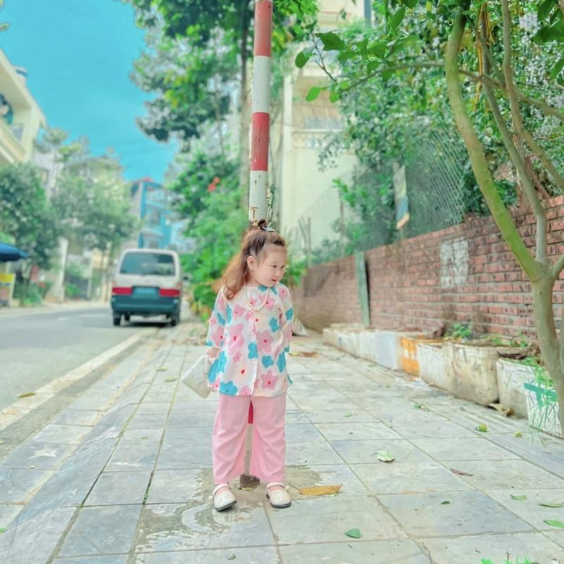 Bộ Bà Ba Hoa Đào Mẹ Và Bé Gái 4 đến 60kg, Bà Ba Lụa Mango Cao Cấp Mềm Mát