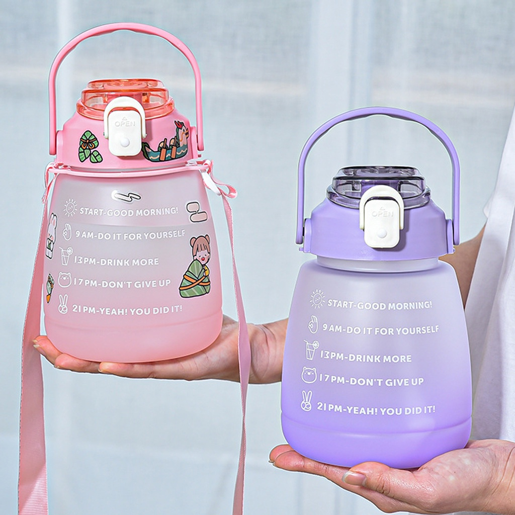 Bình Nhắc Uống Nước, Dung Tích 1200ml, Thiết Kế Bắt Mắt, Có Chia Vạch Thời Gian Nhắc Uống Nước, Kèm Ống Hút Và Dây Đeo Tiện Dụng