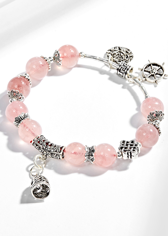 Vòng tay thạch anh hồng phối charm chuông bạc Ngọc Quý Gemstones