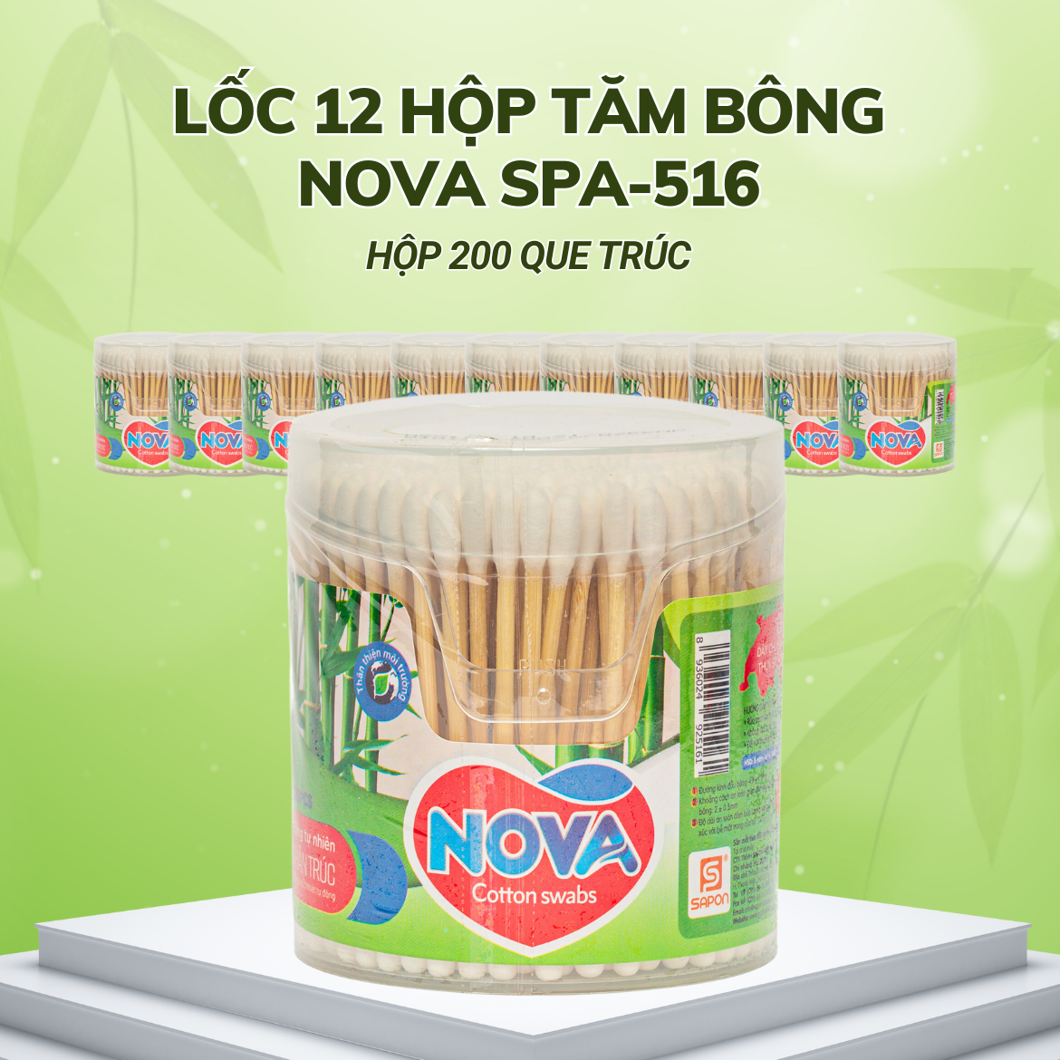 Lốc 12 hộp Tăm bông Nova người lớn thân trúc hộp vát 200 que SPA-516