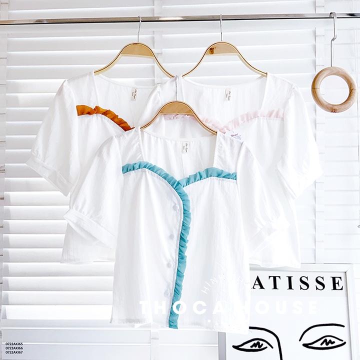 Áo kiểu nữ croptop bèo tay ngắn phối viền màu THOCA HOUSE mặc đi làm, đi học, dạo phố,...