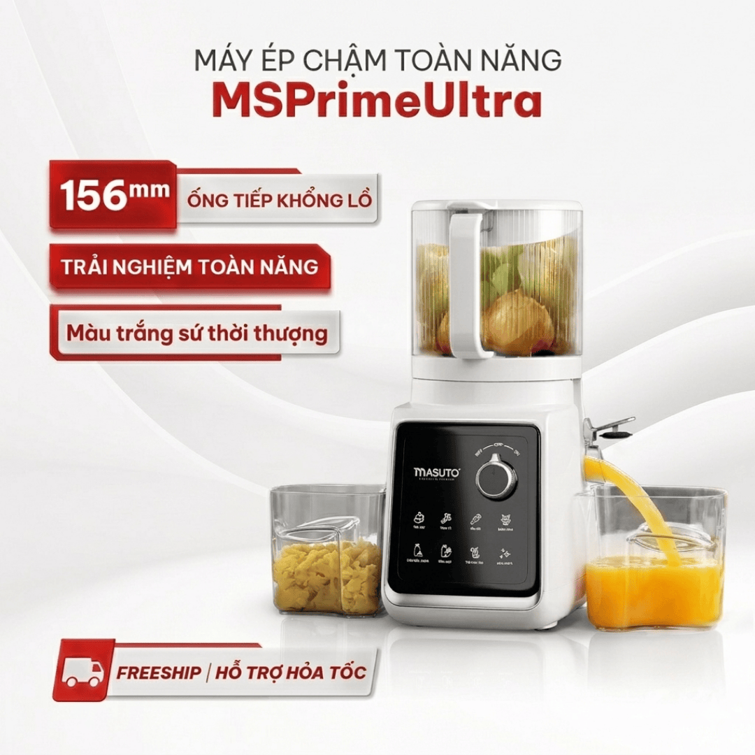 Máy Ép Chậm Trái Cây Làm Kem Toàn Năng 8in1 Masuto MSPrimeUltra, Công Suất 150W, Ống Tiếp Cực Đại 156mm, Ép Kiệt 99%, 8 Chế Độ Nấu - Hàng chính hãng