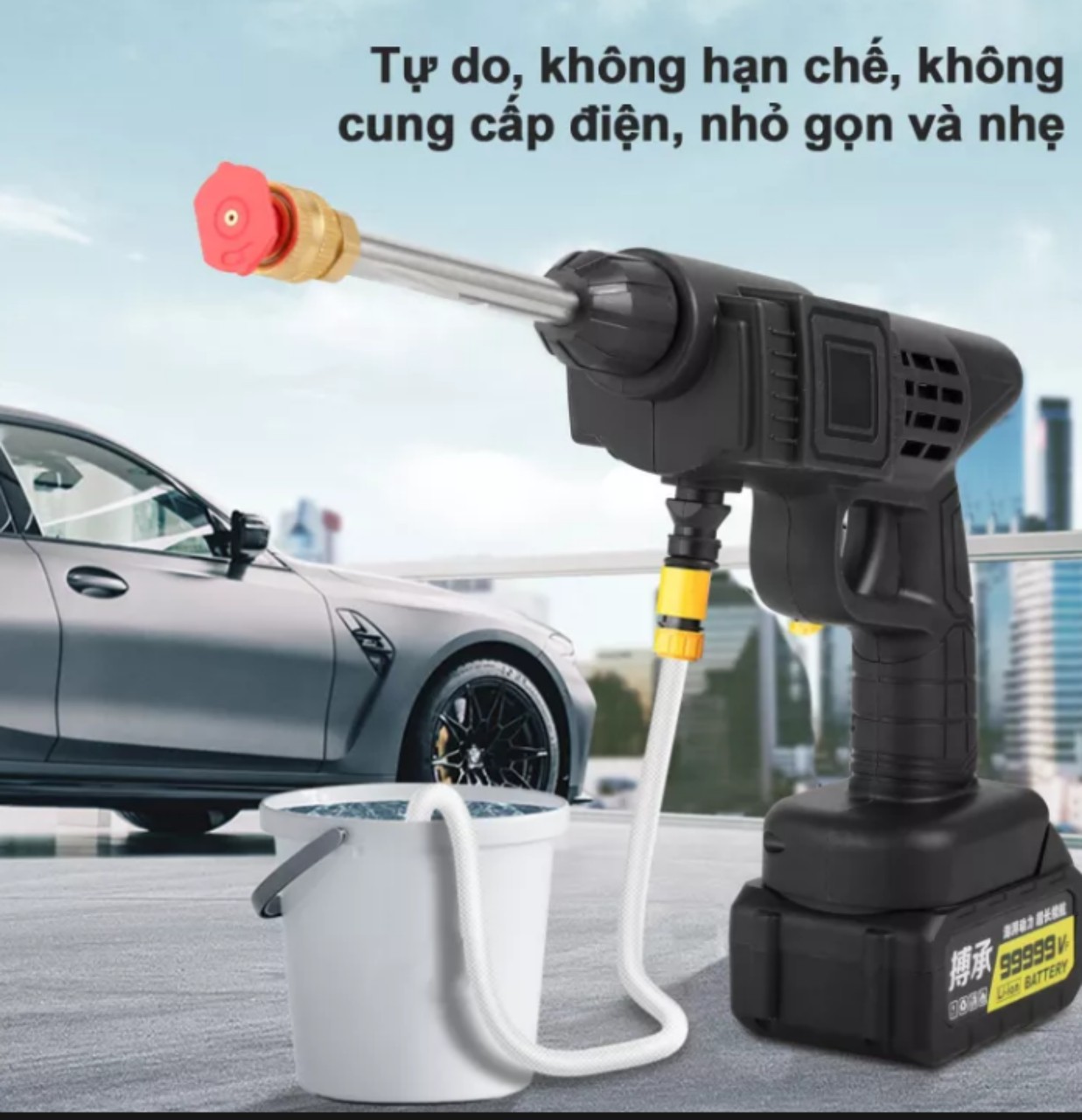 Máy rửa xe máy ôtô tăng áp đa năng sử dụng điện pin máy chạy cực khỏe hàng cao cấp