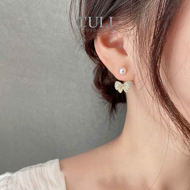 Khuyên tai hình nơ kết đá, phối hạt trai sang trọng HT674 - Culi accessories