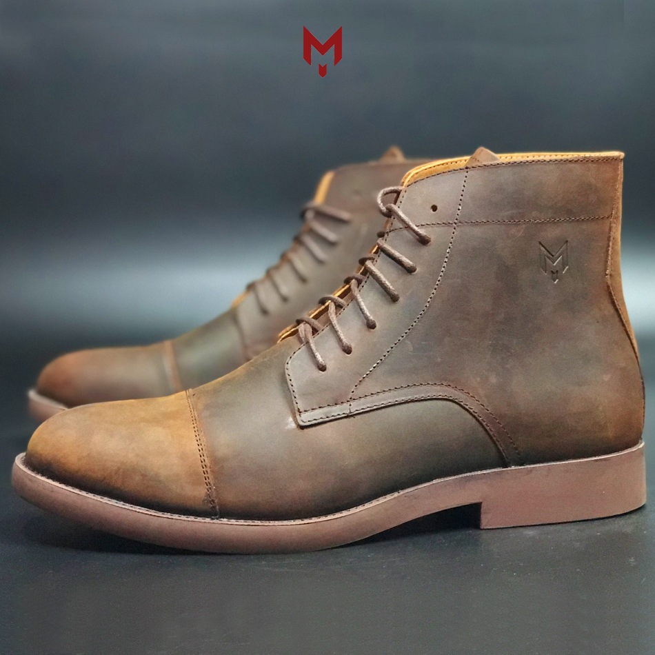 Giày cao cổ nam da bò sáp ngựa điên cao cấp bụi bặm Captain Boots Mad Brown