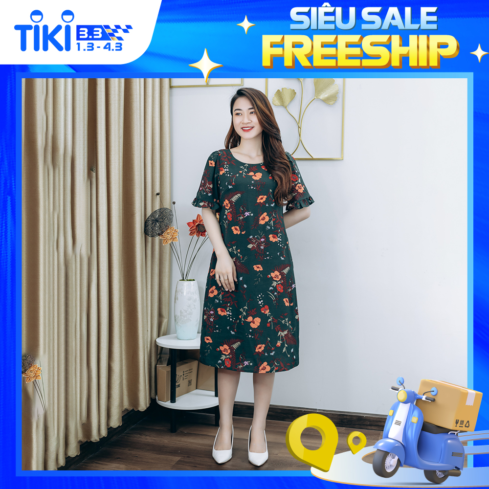 Đầm suông thiết kế trung niên sang trọng Cổ tròn tay nhún bèo màu Xanh hoa TTV STORE TTV1246