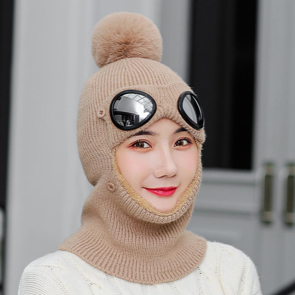 Mùa đông Dệt Kim nữ đi Ấm Beanies Skullies Trượt Tuyết có Nắp Có Thể Tháo Rời Kính dành cho Nữ Thể Thao Ngoài Trời Nắp