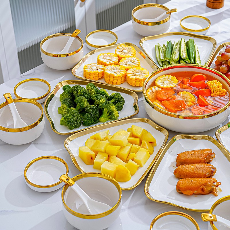 Bộ bát đĩa gốm sứ cao cấp bộ bát đĩa hoa mặt trời viền vàng kim sang chảnh