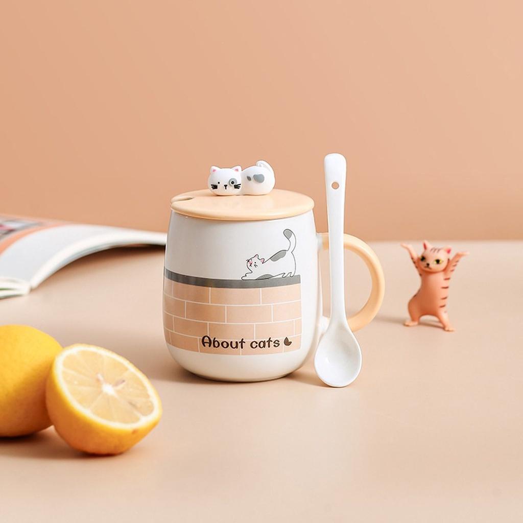 Bộ cốc sứ, Cốc đánh răng, Quà lưu niệm, cute kèm nắp hình mèo và muỗng dễ thương 450ml