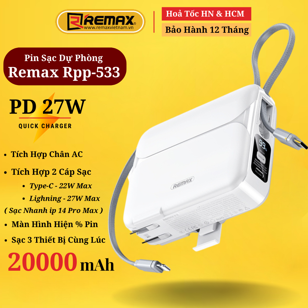Sạc dự phòng 20000mAh kiêm củ sạc Remax RPP 553 thiết kế kèm dây sạc nhanh 27w cho 14 Serie - Hàng Chính Hãng Remax