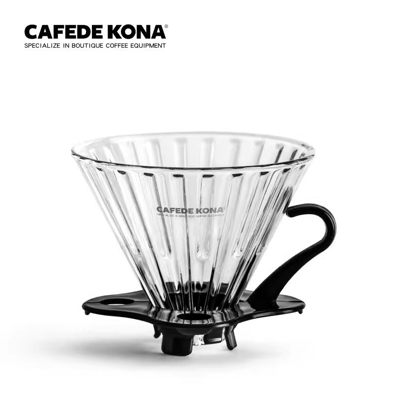 Phễu thuỷ tinh V60 rãnh thẵng đế nhựa đen CAFE DE KONA