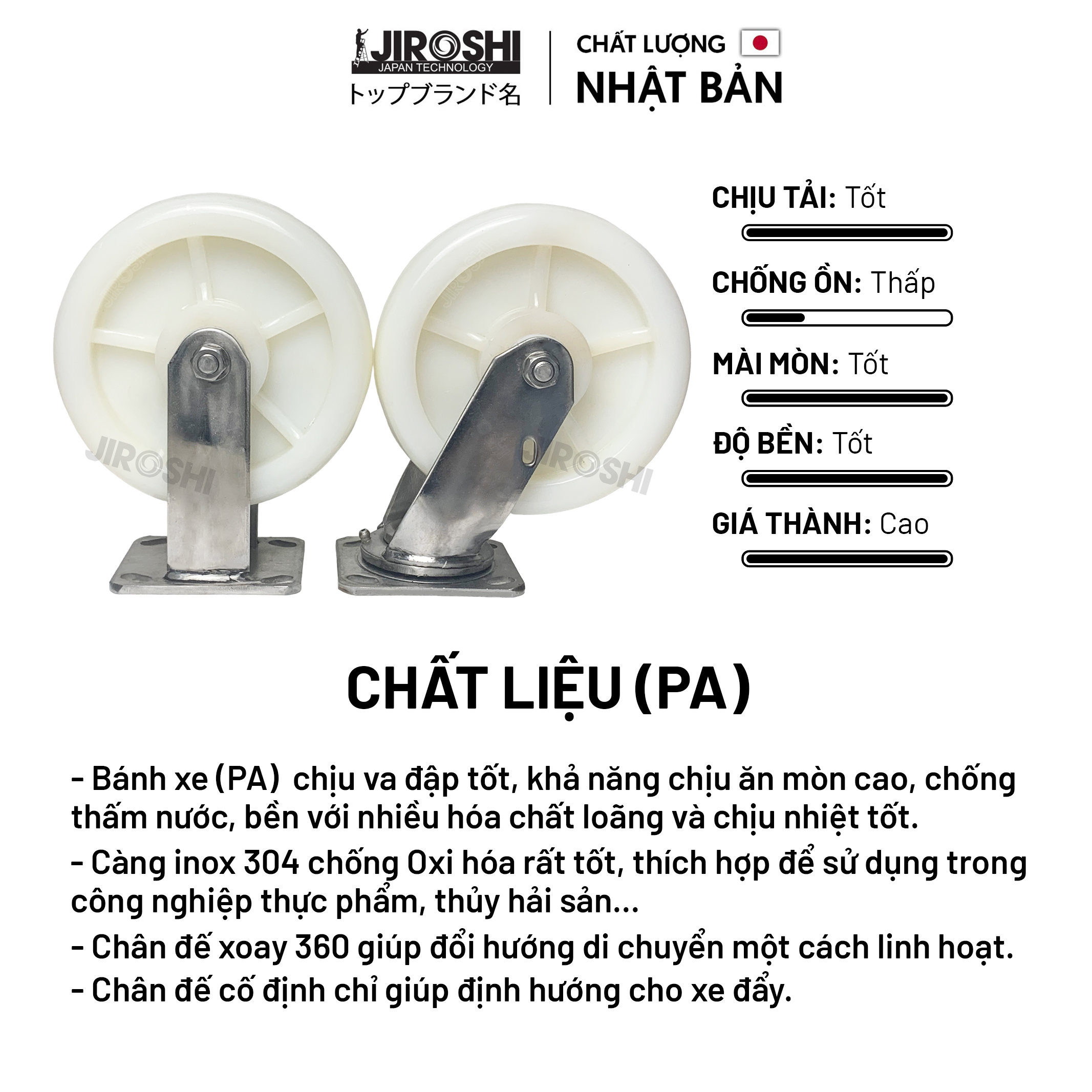 Bánh xe đẩy hàng tải trọng lớn chống hóa chất JIROSHI, bánh xe PA độ bền cao công nghệ nhật bản