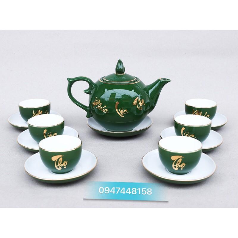 Bộ ấm chén Bát Tràng dáng chóp lửa vẽ vàng Phúc-Lộc-Thọ
