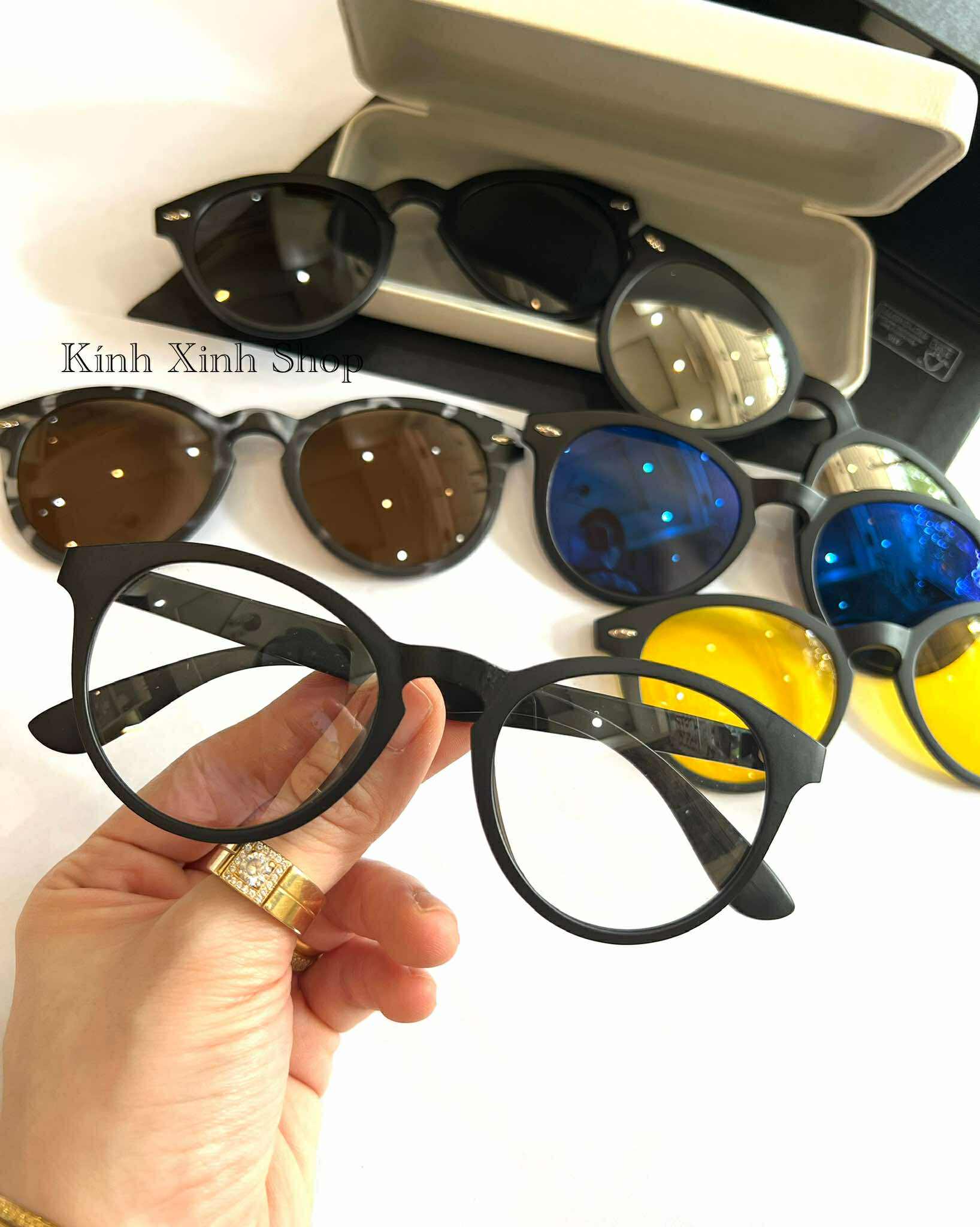 Kính Mắt Nhiều Tròng 6in1, Kính Cận Râm Mắt Tròn Gọng Nhựa Cho Nam Nữ