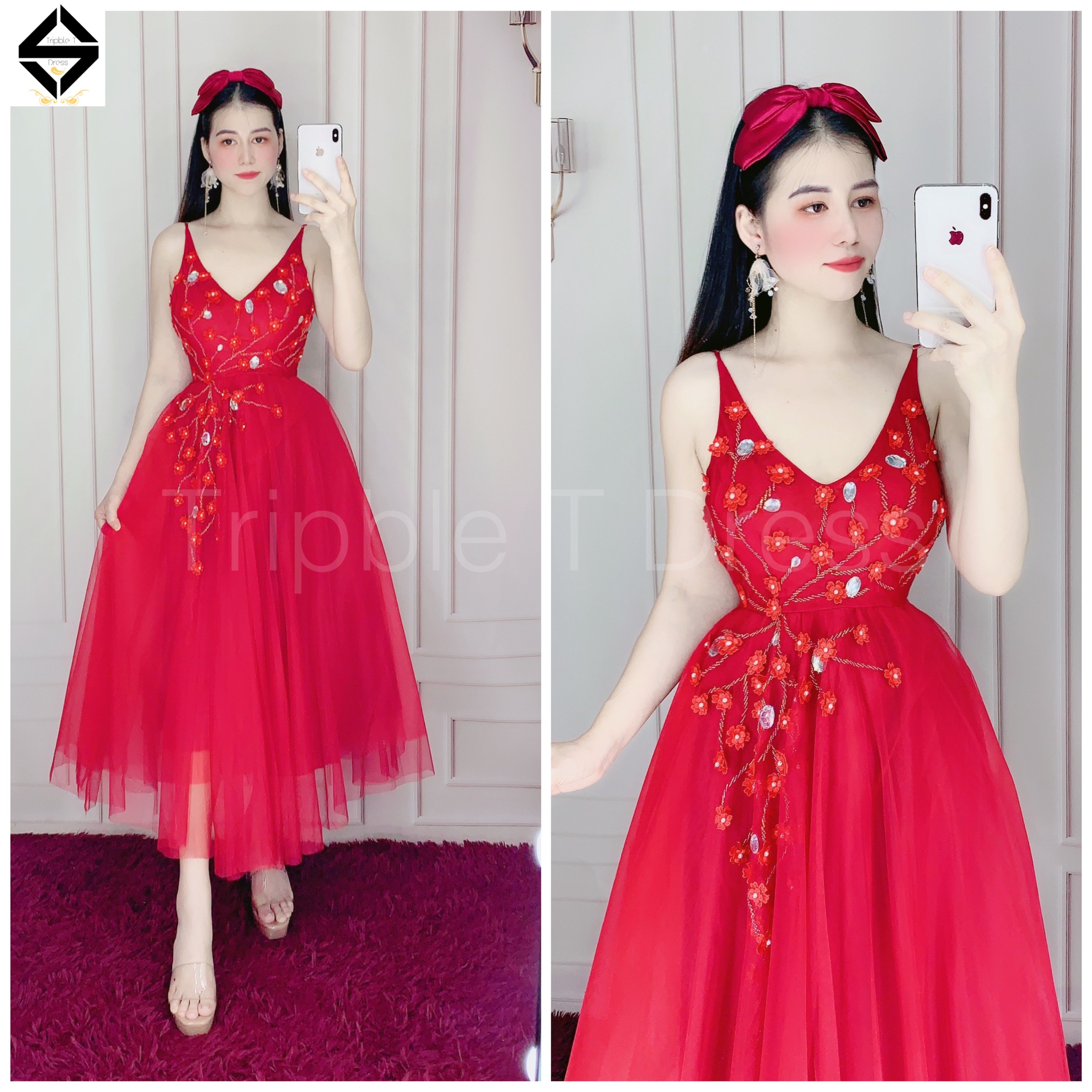 Đầm dự tiệc 2 dây kết cườm và hoa mai nổi TRIPBLE T DRESS - size M/L - MS301V