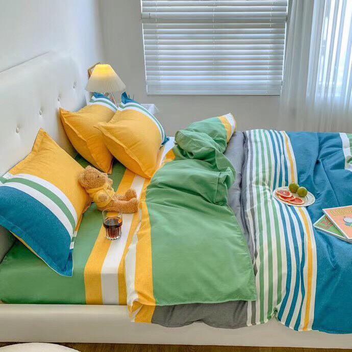 Bộ chăn ga Cotton Poly kẻ vàng xanh - Hàng nhập khẩu