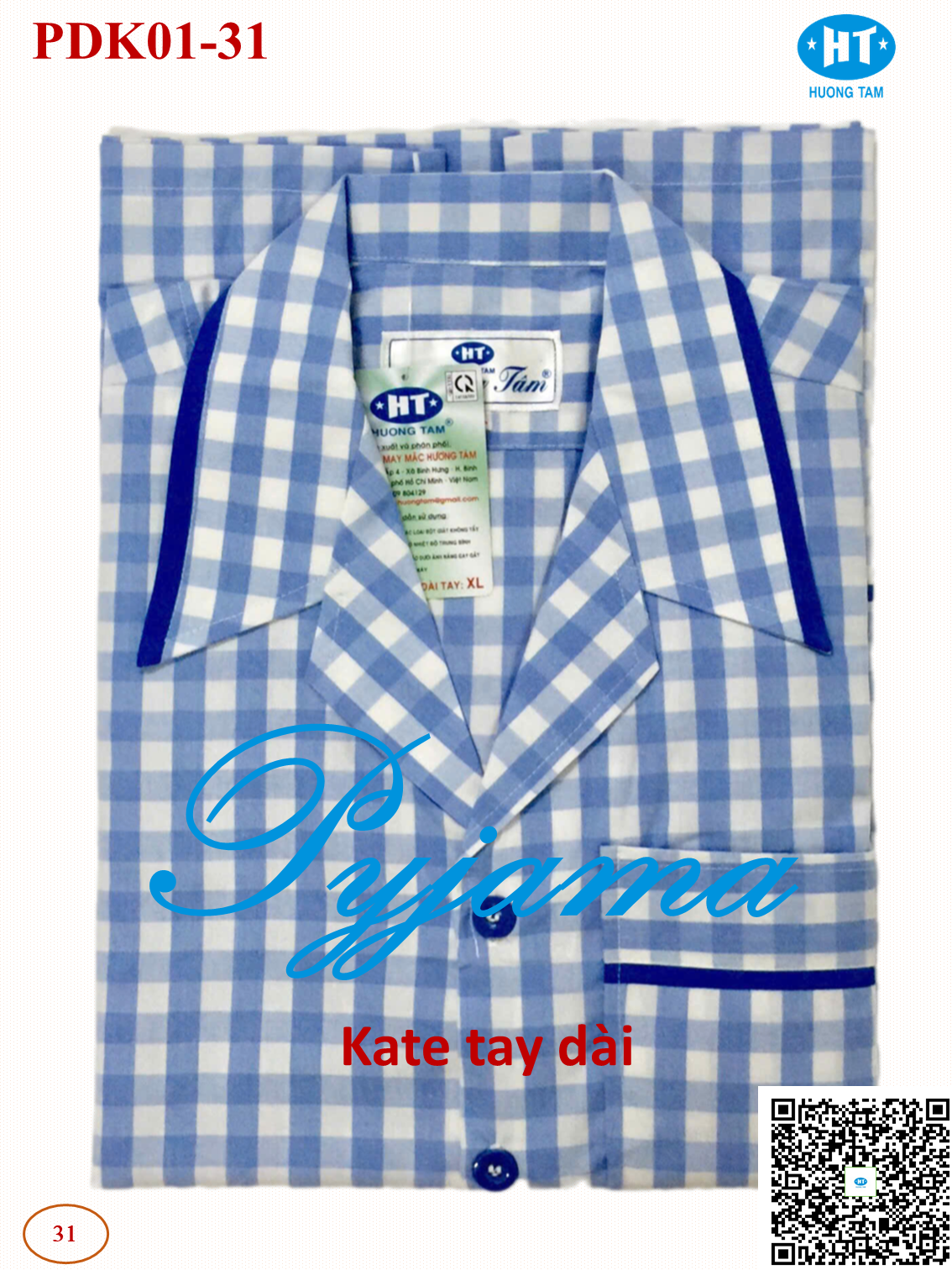 Bộ Pyjama HUONGTAM Kate tay dài nam cao cấp(PDK01N10). Chất liệu Kate loại tốt:  mềm mại, thoáng mát, không phai màu