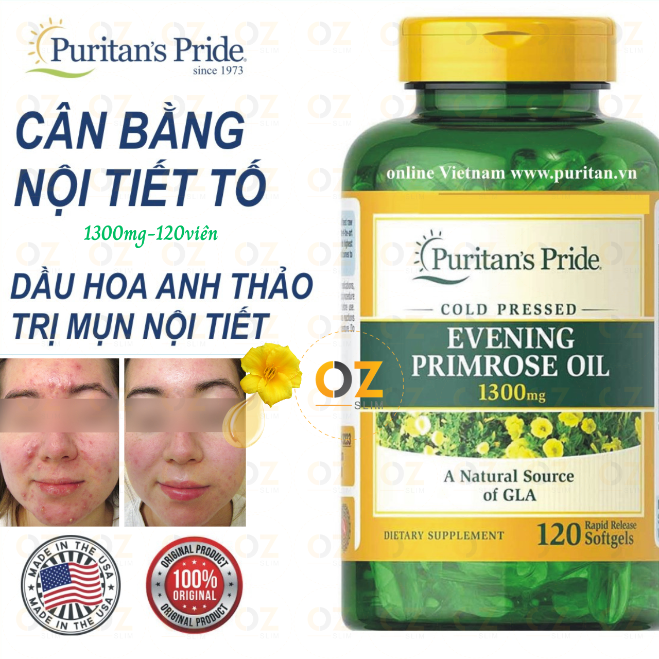 Tinh dầu hoa anh thảo Evening Puritan's Pride giúp cân bằng nội tiết tố nữ, đẹp da, giảm đau kỳ kinh, mãn kinh và tăng sức khỏe - OZ Slim Store