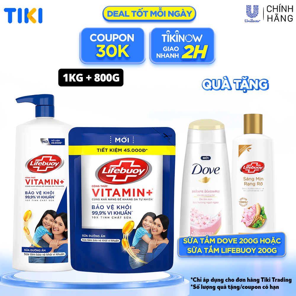 Combo Sữa Tắm Lifebuoy Sạch Khuẩn Chăm Sóc Da Ngăn Ngừa Vi Khuẩn Lây Lan Với Ion Bạc+ Hỗ Trợ Cùng Đề Kháng Da Tự Nhiên Chai 1KG + Túi 800G